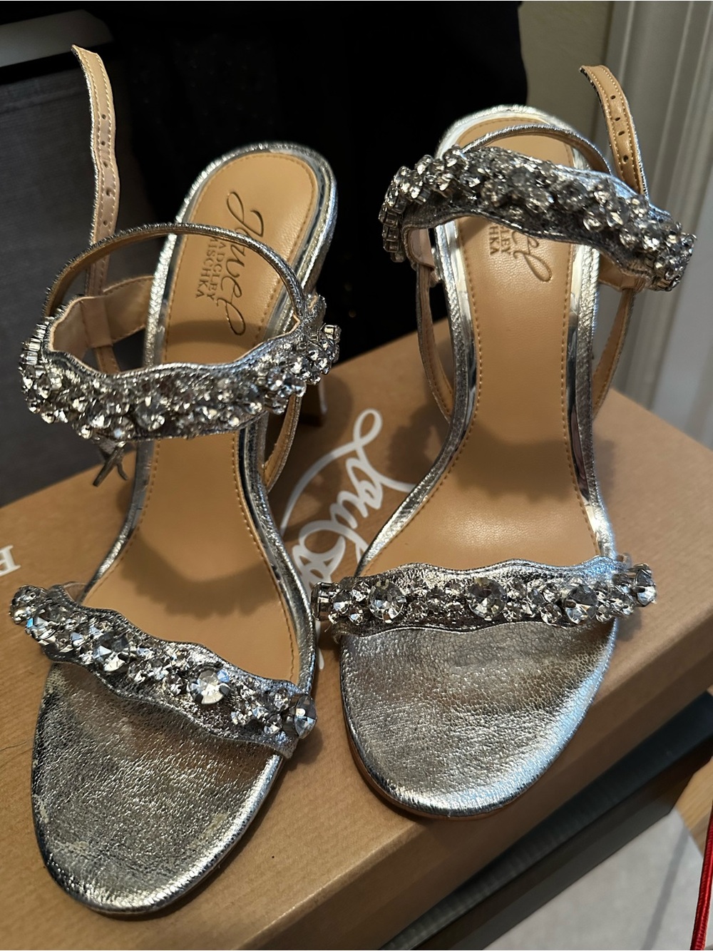 Jewel Badgley Mischka Silver Crystal-Strap Evening Heels